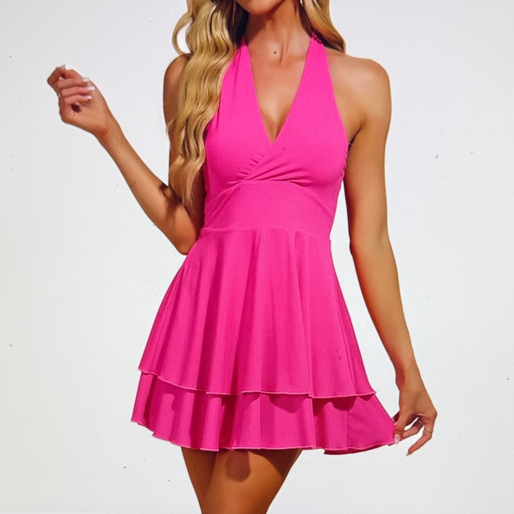 Halter Neck Pink Tiered Skater Dress